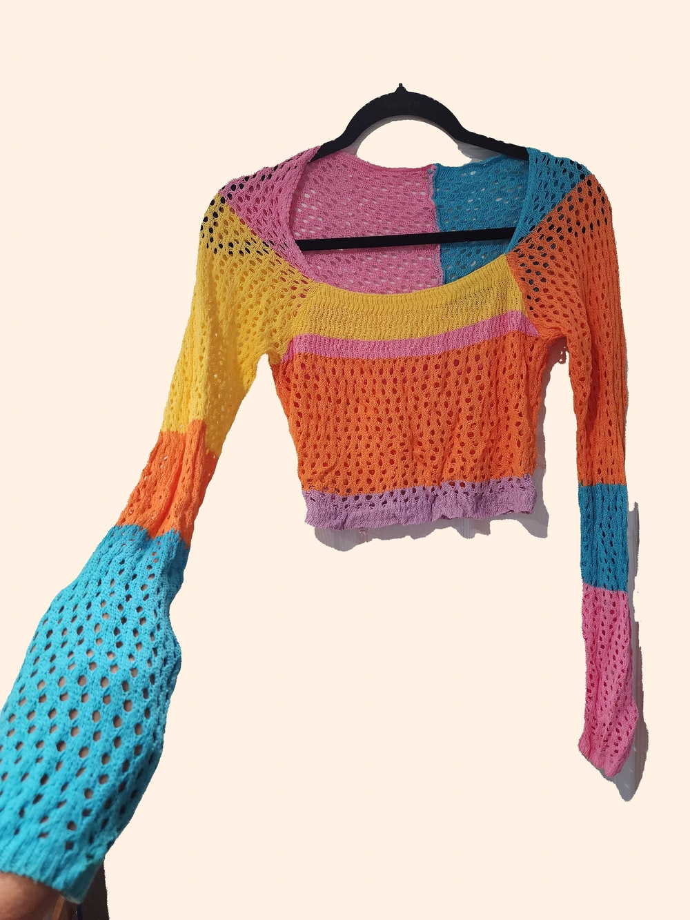 Multicolor Open-Knit Cropped Sweater Top - Pink, Orange, Yellow & Blue